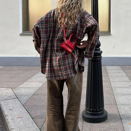 Clacive Plaid Shirt For Women Vintage Lapel Long Sleeve by zapcart