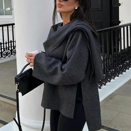 ZBZA Women Asymmetric Scarf Knitted Jacket Warm Outerwear by zapcart