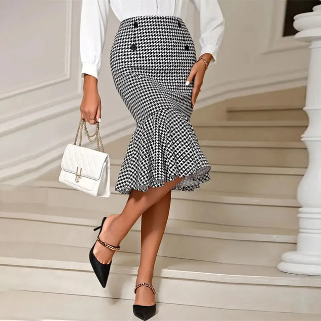 Houndstooth Knee Length Skirt Women High Waist Chic Slim by zapcart