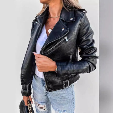 Women PU Leather Coat Slim Fit Streetwear Jacket Zipper by zapcart