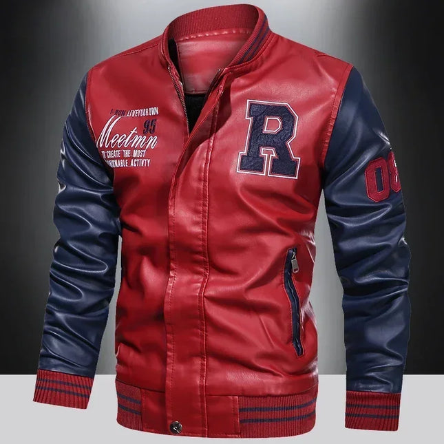 Men PU Leather Jacket Pilot Collar Moto Style Color Block by zapcart