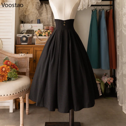 Voostao Victorian Lolita Midi Skirt Women Timeless Button by zapcart