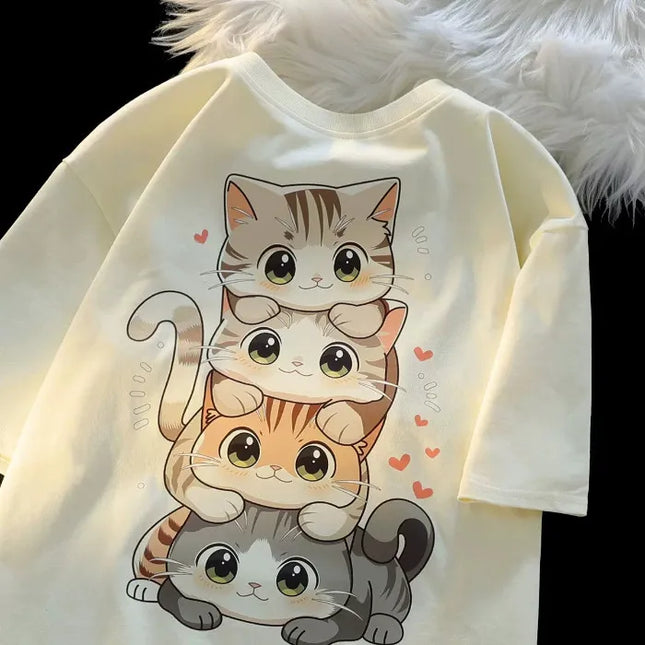 Playful Cartoon Cat Print Women Tee Lightweight Comfort by zapcart