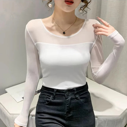 Women Mesh Round Neck Top Long Sleeve Slim Fit Autumn Chic by zapcart