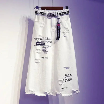 White Denim Long Skirt with Letter Print Oversize Plus Size by zapcart