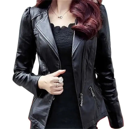 Ladies PU Leather Jacket 2024 Slim Zipper Plus Size Fashion by zapcart