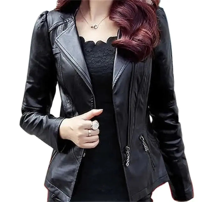 Ladies PU Leather Jacket 2024 Slim Zipper Plus Size Fashion by zapcart
