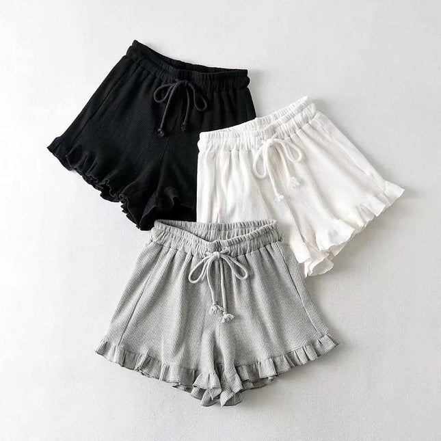 Women Y2K Waffle Shorts Elastic Waist High Waist Lace by zapcart