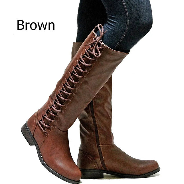 YBQJOO Women Winter Boots Leather Knee High Lace Up by zapcart