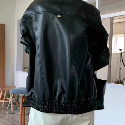 PU Leather Biker Jacket Women Loose Fit Vintage Style by zapcart
