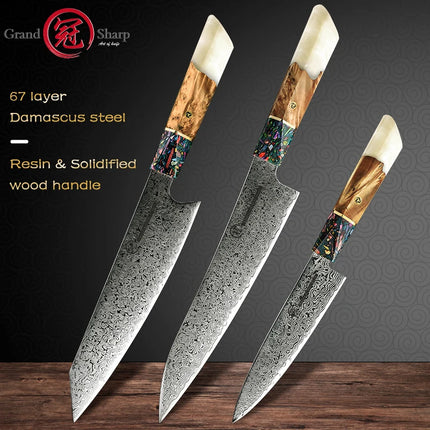 Grandsharp Japanese Damascus Knife Set 1 To 3 Pcs Home Cook