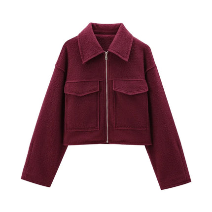 TRZA Women Cropped Jacket Patch Pockets Flaps Front Zipper by zapcart
