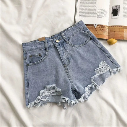 Korean Denim Shorts Women High Waist Ripped Tassel Chic by zapcart