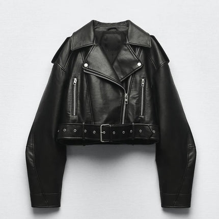 Ailegogo Women Chic Faux PU Leather Short Jacket With Belt by zapcart