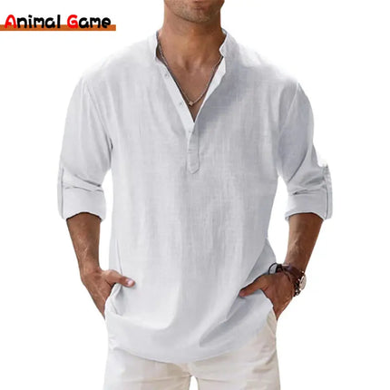 Animal Game Cotton Linen Shirts for Men Lightweight Henley by zapcart