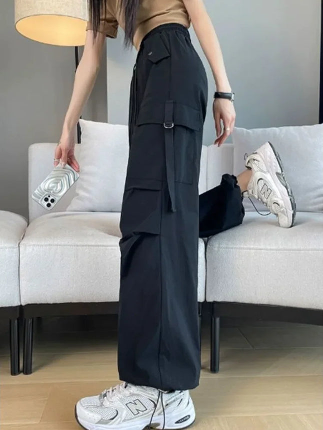 High Waist Black Cargo Trousers For Women Drawstring by zapcart