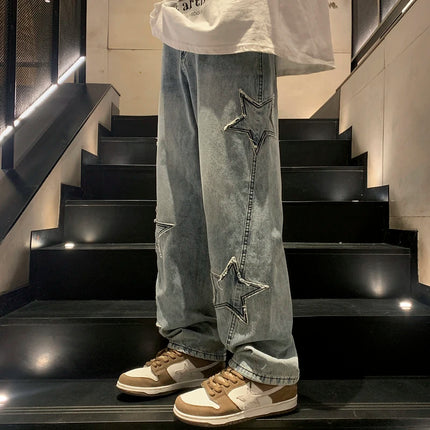 CN Guangdong Star Embroidered Men Jeans Wide Leg Streetwear by zapcart
