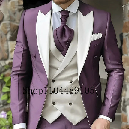 CN Jiangsu Men Slim Fit Wedding Three Piece Suit Peak Lapel by zapcart