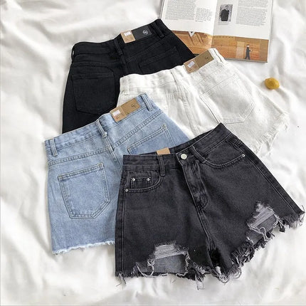 Korean Denim Shorts Women High Waist Ripped Tassel Chic by zapcart