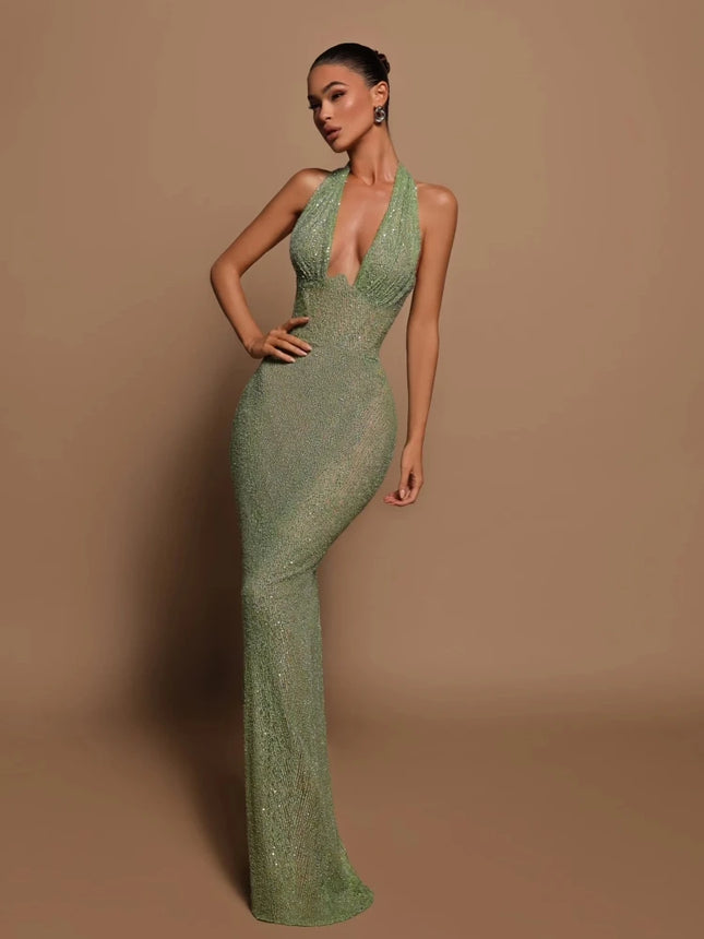 House Of Beauty Sequins Halter Maxi Backless Dress Women by zapcart