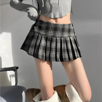 Korean Plaid Pleated Mini Skirts For Women Y2K Harajuku by zapcart