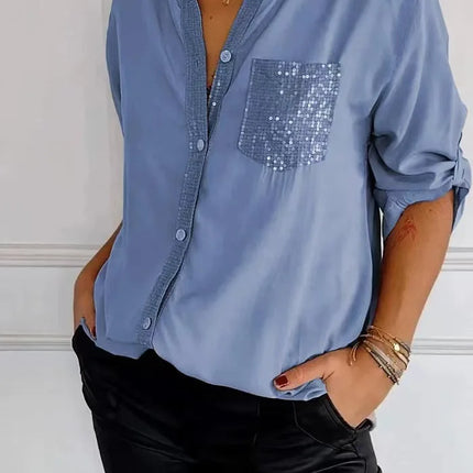 Women V-Neck Sequin Blouse Long Sleeve Chic Office Casual by zapcart