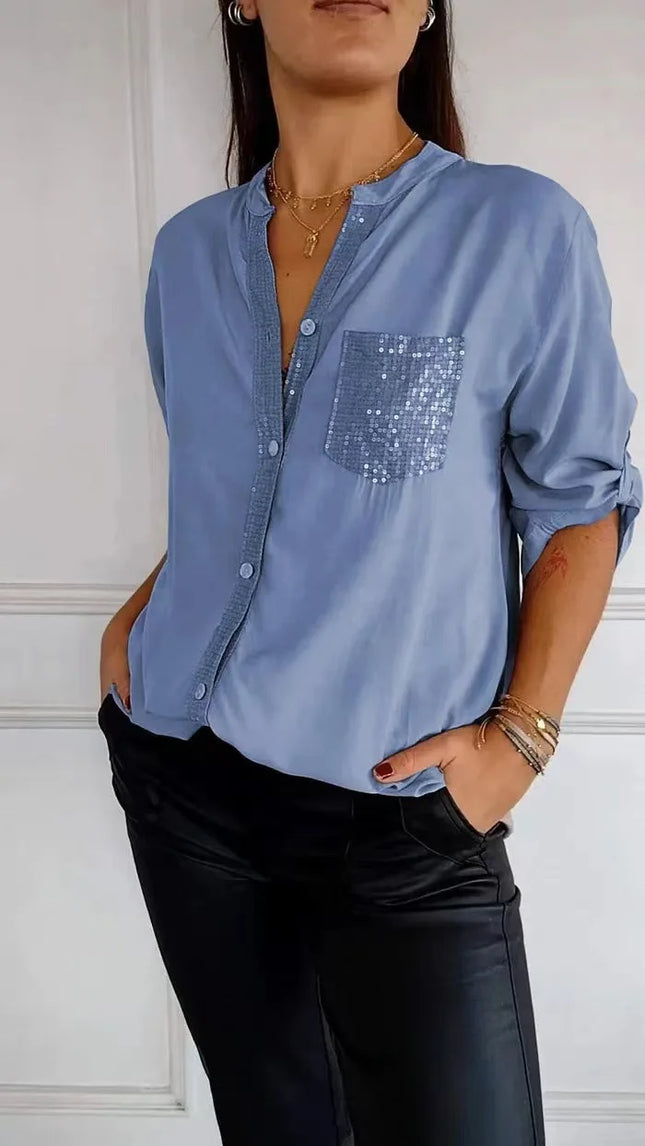 Women V-Neck Sequin Blouse Long Sleeve Chic Office Casual by zapcart