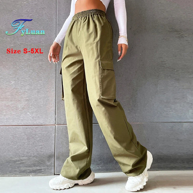 Women's Orange Cargo Trousers High Waist Wide Leg Pockets by zapcart