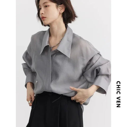 Chic Ven Women Shirts Loose Transparent Summer Tops by zapcart