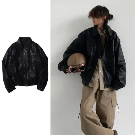 Autumn Japanese Retro PU Leather Motorcycle Jacket Couple by zapcart