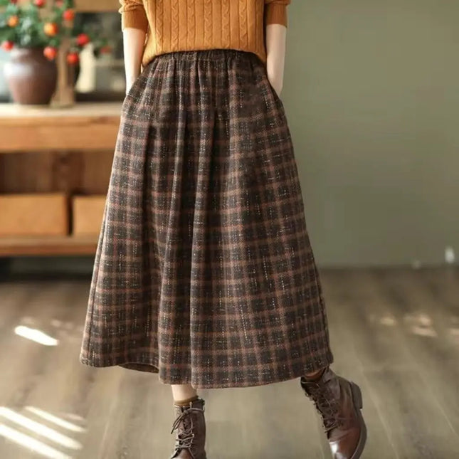 Qarkash Vintage Plaid Midi Skirt For Women High Waist Baggy by zapcart
