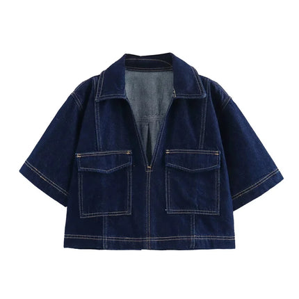 TRAF Blue Denim Shirt Cropped Short Sleeve Women Y2K Trendy by zapcart