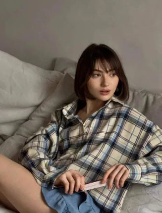 Women Plaid Shirt Oversized Pocket Turndown Collar Blouse by zapcart