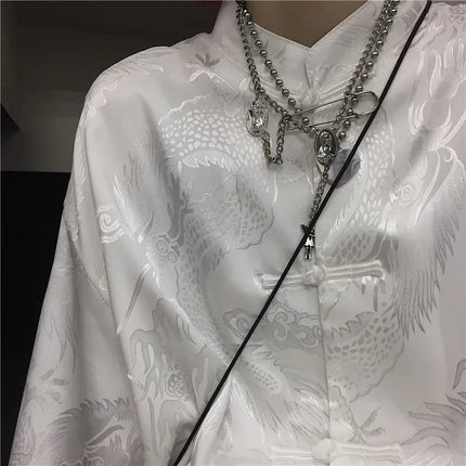 KOSAHIKI Dragon Print Harajuku Blouse Stand Collar Unisex by zapcart