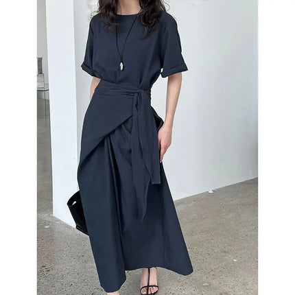 Cross Tie Short Sleeve Tee Dress Slimming Ladies Everyday by zapcart