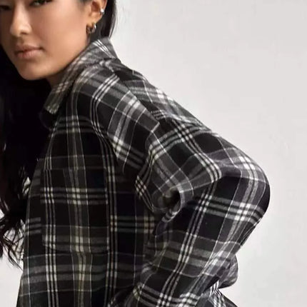 Women Plaid Shirt Oversized Pocket Turndown Collar Blouse by zapcart