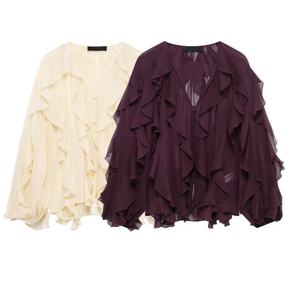 Tangada Women Wine Red Ruffles Shirt Oversized Long Sleeve by zapcart