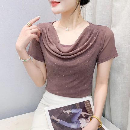 Korean Beaded Diamond Mesh T Shirt For Women Summer by zapcart