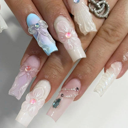 Extra Long Press On Nails Glue Included Bear Bow For Women by zapcart