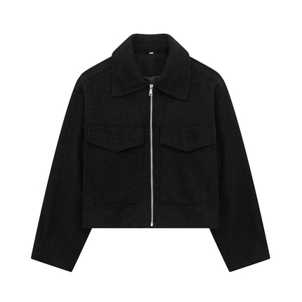 TRZA Women Cropped Jacket Patch Pockets Flaps Front Zipper by zapcart