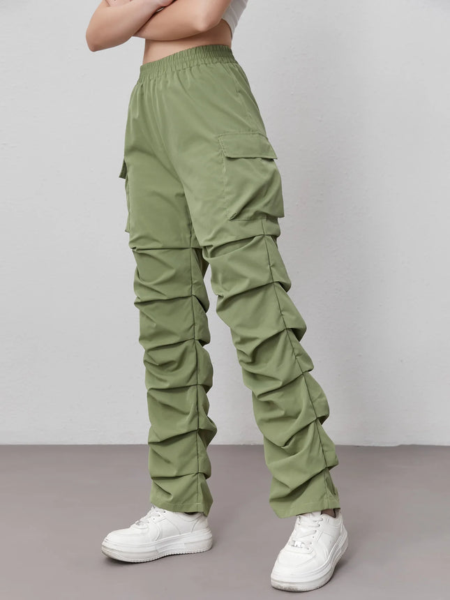 Womens Elastic High Waist Cargo Pants With Large Pockets by zapcart