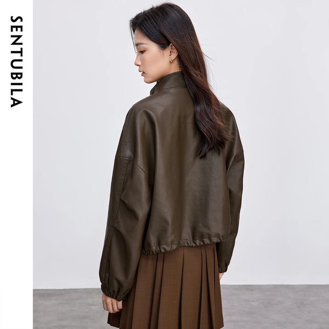 SENTUBILA Leather Jacket Women Vintage PU Stand Collar Chic by zapcart