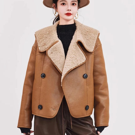 Women's Shearling Leather Jacket Double Breasted Aviator by zapcart