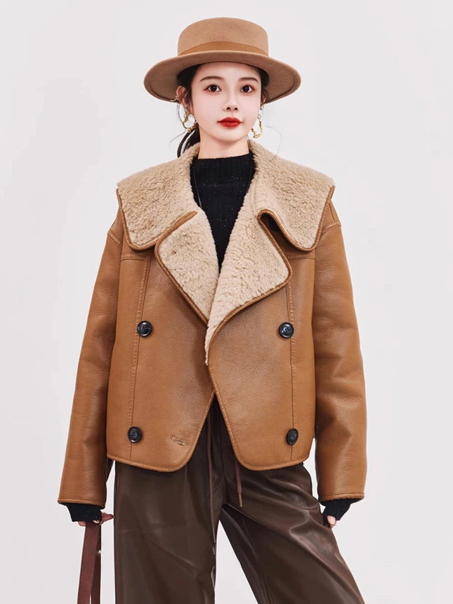 Women's Shearling Leather Jacket Double Breasted Aviator by zapcart