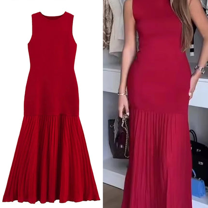 TRAF Patchwork Pleated Knitted Sleeveless Chic Dress Women by zapcart