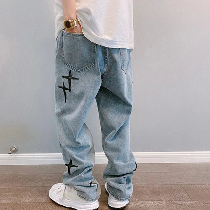 Hengscarying Mens Loose Wide Leg Denim Cargo Jeans Star by zapcart