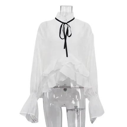 Talenza White See Through Shirt Women With Ruffle Collar by zapcart