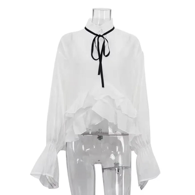 Talenza White See Through Shirt Women With Ruffle Collar by zapcart
