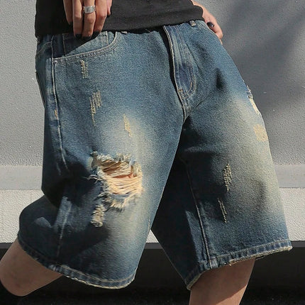 LVCCCI Denim Shorts For Men Baggy Stretch Ripped Knee by zapcart
