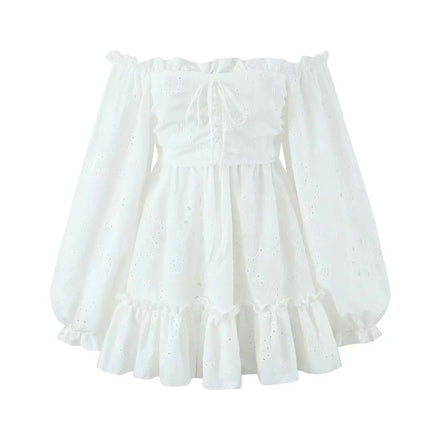 Women Embroidery Hollow Out Dress With Puff Sleeves Lace Up by zapcart